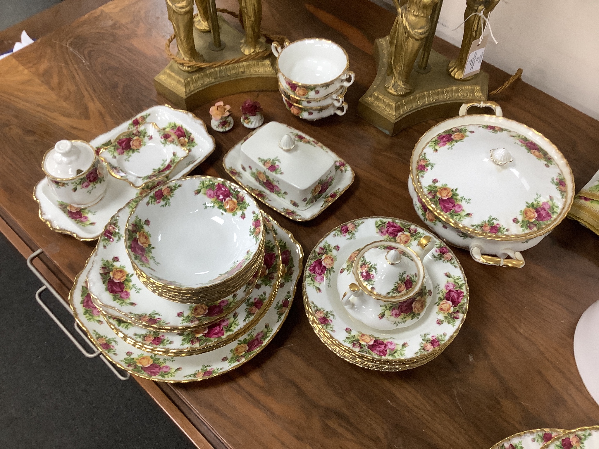 Royal Albert Old Country Rose dinner and tea service, to include a large biscuit box three tier cake stand etc